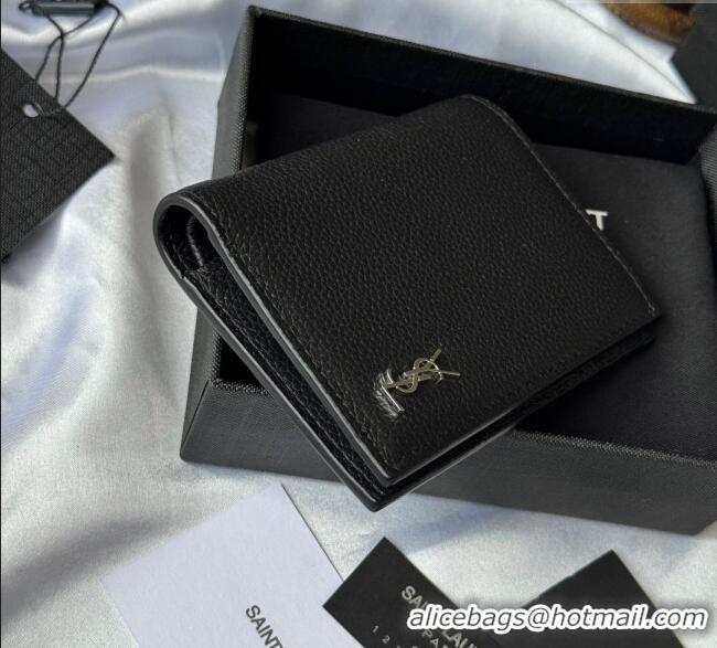 Top Quality Saint Laurent Tiny Cassandre Credit Card Wallet in Grained Leather 668736 Black/Silver 2025