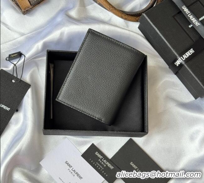 Top Quality Saint Laurent Tiny Cassandre Credit Card Wallet in Grained Leather 668736 Black/Silver 2025