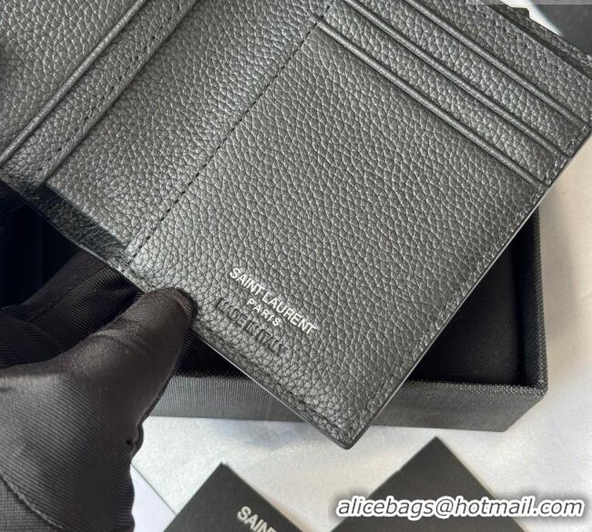 Top Quality Saint Laurent Tiny Cassandre Credit Card Wallet in Grained Leather 668736 Black/Silver 2025