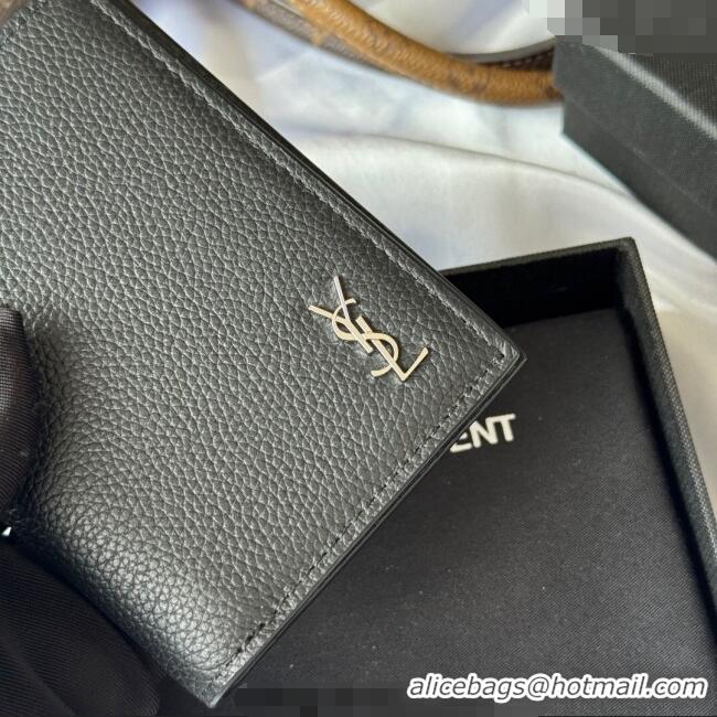 Top Quality Saint Laurent Tiny Cassandre Credit Card Wallet in Grained Leather 668736 Black/Silver 2025