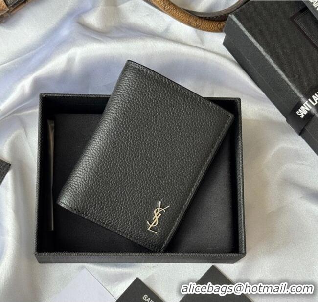 Top Quality Saint Laurent Tiny Cassandre Credit Card Wallet in Grained Leather 668736 Black/Silver 2025