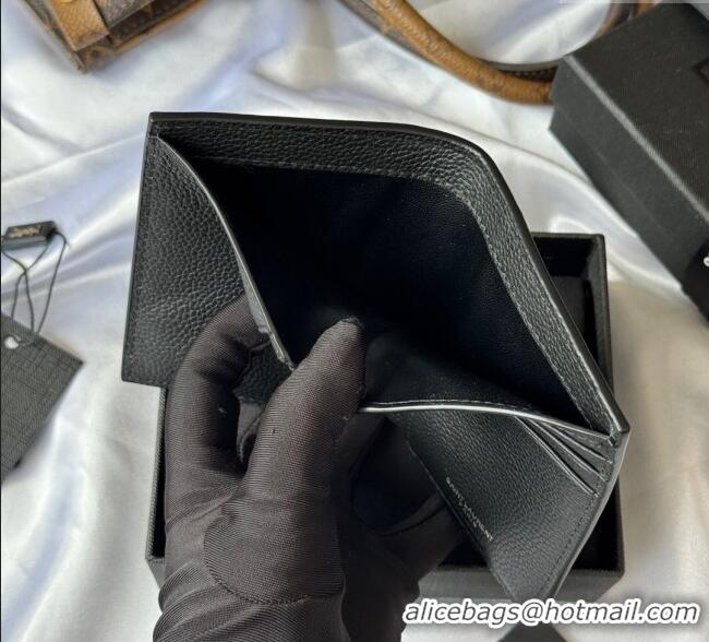 Top Quality Saint Laurent Tiny Cassandre Credit Card Wallet in Grained Leather 668736 Black/Silver 2025