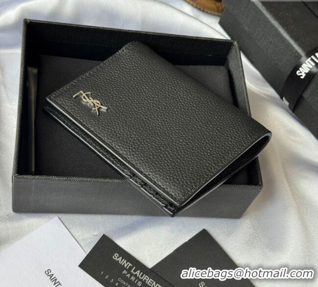 Top Quality Saint Laurent Tiny Cassandre Credit Card Wallet in Grained Leather 668736 Black/Silver 2025