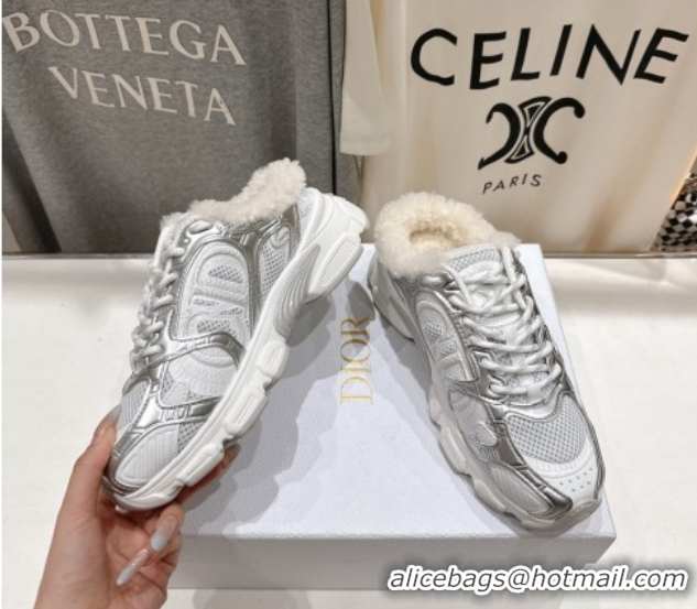 Top Grade Dior Chrono Sneaker Mules in Mesh, Leather-Effect and Wool Silver/White 51029064