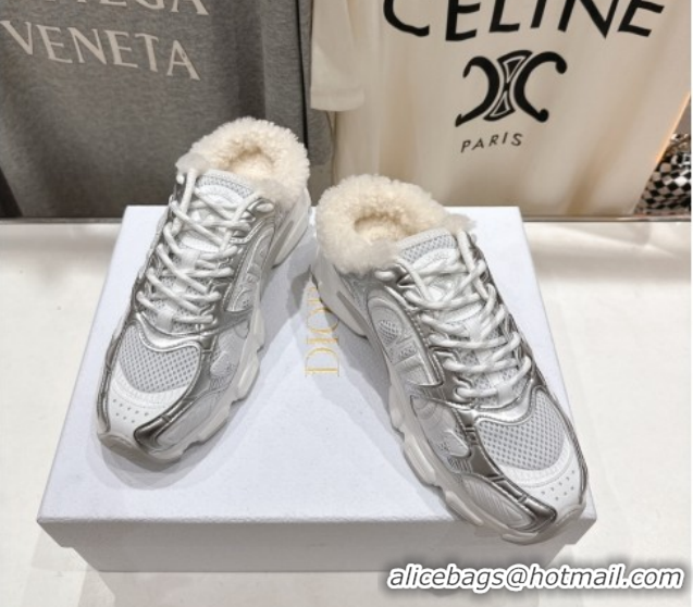 Top Grade Dior Chrono Sneaker Mules in Mesh, Leather-Effect and Wool Silver/White 51029064