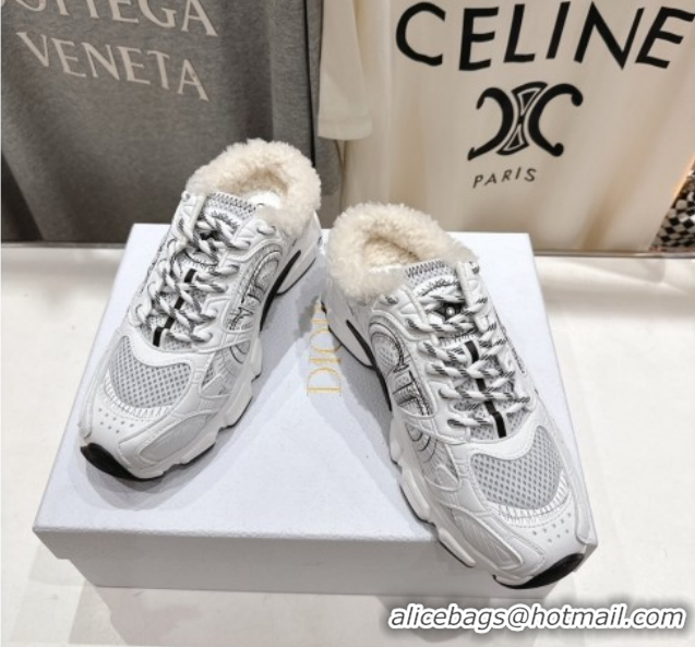 Good Quality Dior Chrono Sneaker Mules in Mesh, Leather-Effect and Wool White/Black 1029066