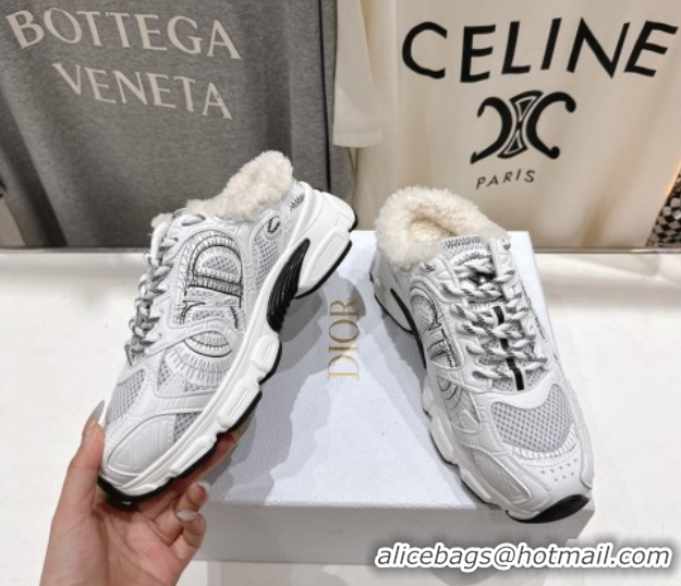 Good Quality Dior Chrono Sneaker Mules in Mesh, Leather-Effect and Wool White/Black 1029066