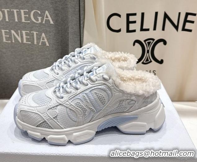 Best Price Dior Chrono Sneaker Mules in Mesh, Leather-Effect and Wool White/Blue 51029068
