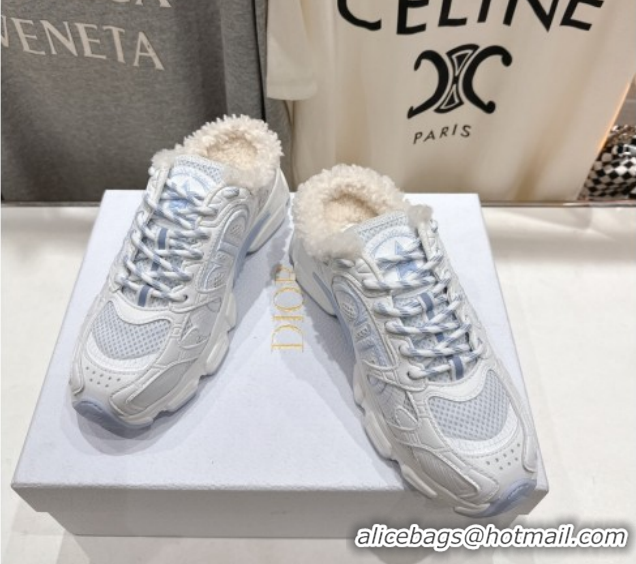 Best Price Dior Chrono Sneaker Mules in Mesh, Leather-Effect and Wool White/Blue 51029068