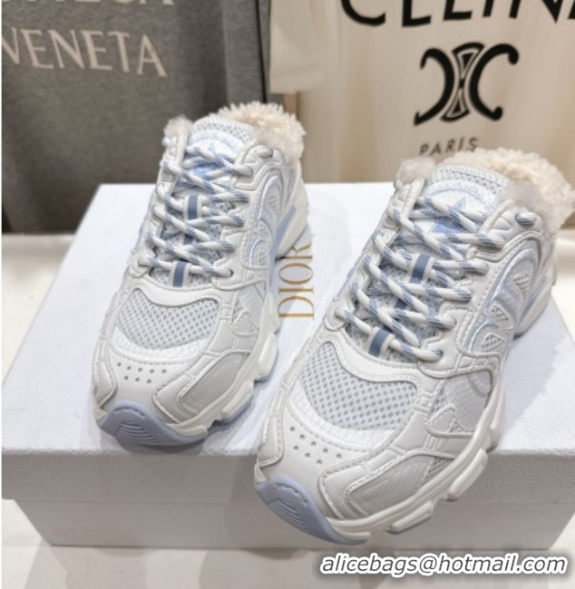 Best Price Dior Chrono Sneaker Mules in Mesh, Leather-Effect and Wool White/Blue 51029068