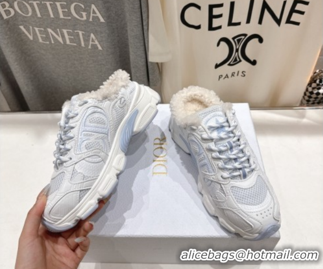 Best Price Dior Chrono Sneaker Mules in Mesh, Leather-Effect and Wool White/Blue 51029068