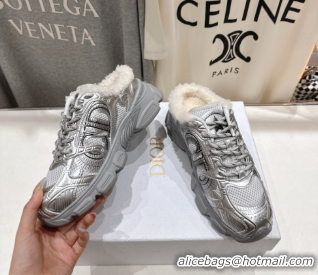Pretty Style Dior Chrono Sneaker Mules in Mesh, Leather-Effect and Wool Silver Grey 51029069