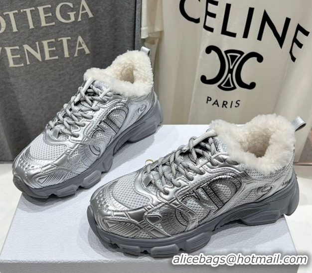 Good Quality Dior Chrono Sneakers in Mesh, Leather-Effect and Wool Silver/White 1029071