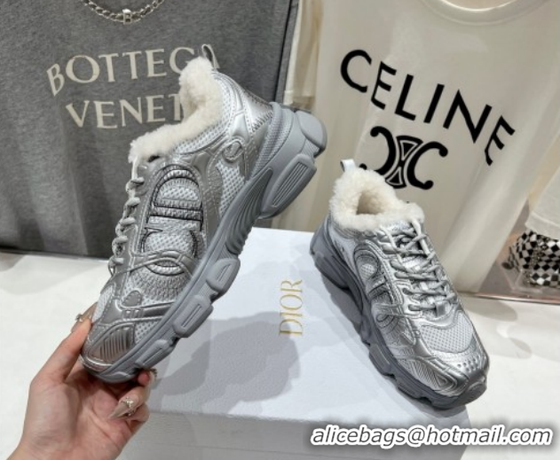 Good Quality Dior Chrono Sneakers in Mesh, Leather-Effect and Wool Silver/White 1029071