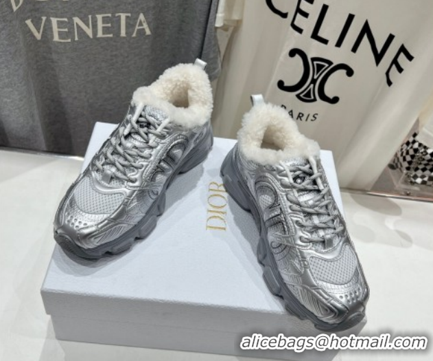 Good Quality Dior Chrono Sneakers in Mesh, Leather-Effect and Wool Silver/White 1029071