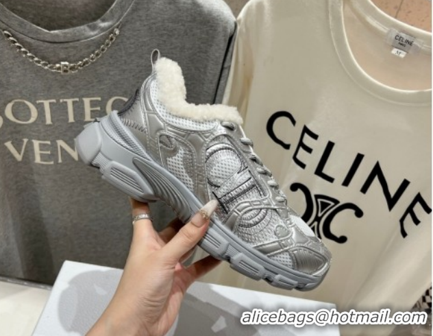 Good Quality Dior Chrono Sneakers in Mesh, Leather-Effect and Wool Silver/White 1029071