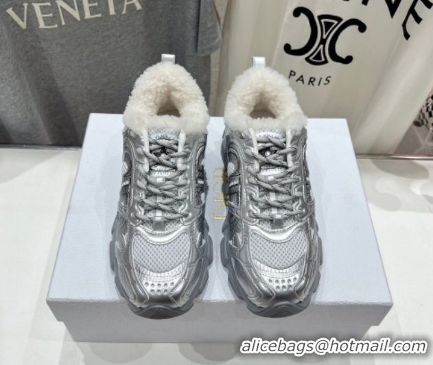 Good Quality Dior Chrono Sneakers in Mesh, Leather-Effect and Wool Silver/White 1029071