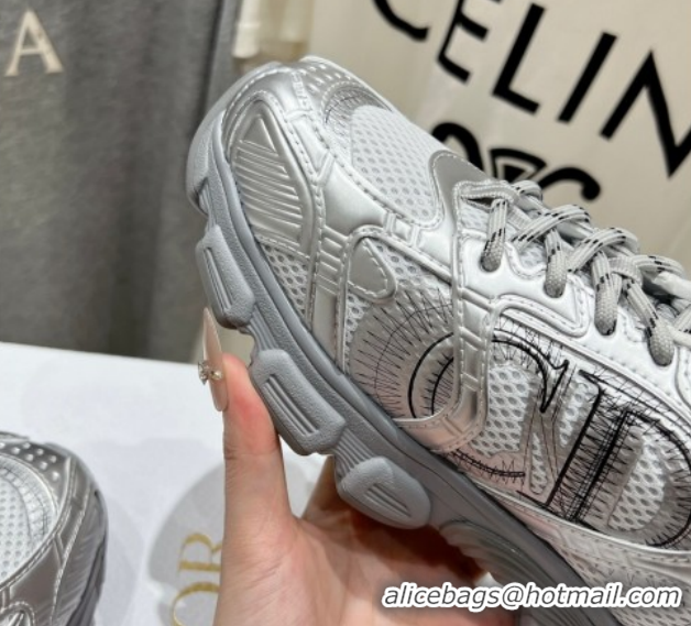 Good Quality Dior Chrono Sneakers in Mesh, Leather-Effect and Wool Silver/White 1029071