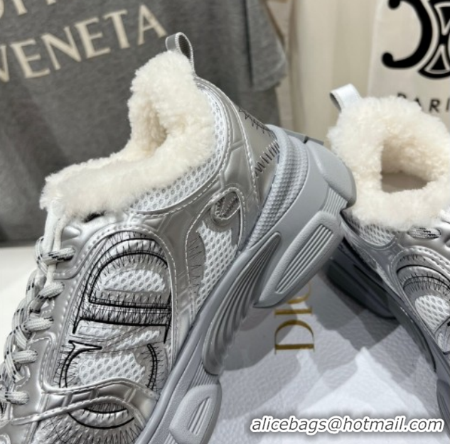 Good Quality Dior Chrono Sneakers in Mesh, Leather-Effect and Wool Silver/White 1029071