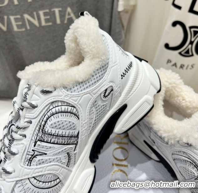 Classic Hot Dior Chrono Sneakers in Mesh, Leather-Effect and Wool White/Black 51029073