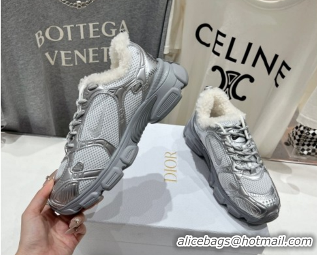 Durable Dior Chrono Sneakers in Mesh, Leather-Effect and Wool Silver/Grey 1029074