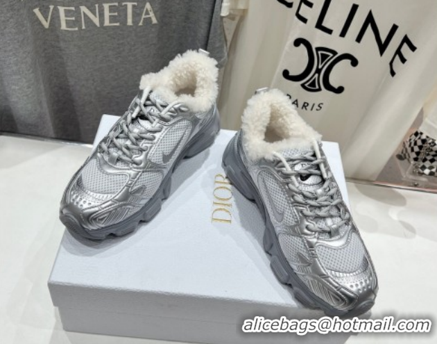 Durable Dior Chrono Sneakers in Mesh, Leather-Effect and Wool Silver/Grey 1029074