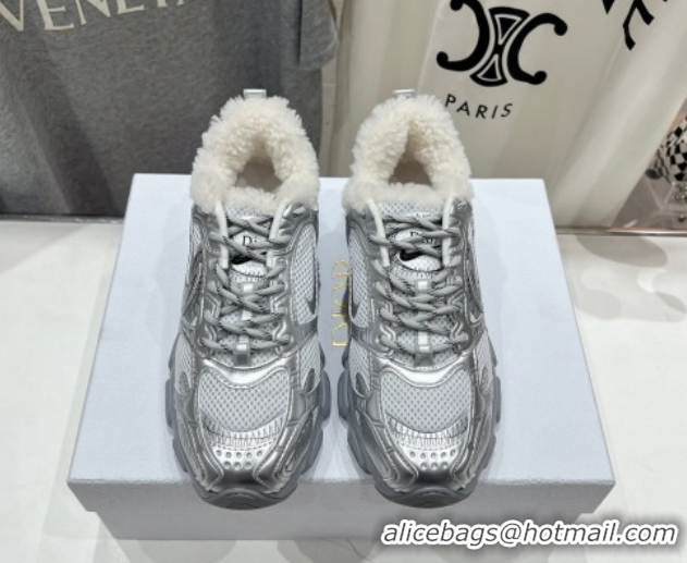 Durable Dior Chrono Sneakers in Mesh, Leather-Effect and Wool Silver/Grey 1029074