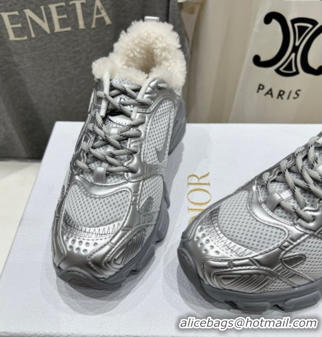 Durable Dior Chrono Sneakers in Mesh, Leather-Effect and Wool Silver/Grey 1029074