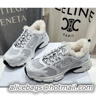 Charming Dior Chrono Sneakers in Mesh, Leather-Effect and Wool White/Grey 1029075