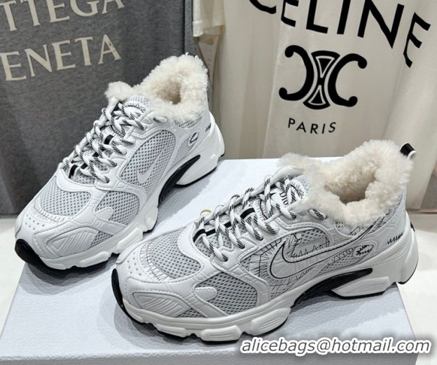 Charming Dior Chrono Sneakers in Mesh, Leather-Effect and Wool White/Grey 1029075