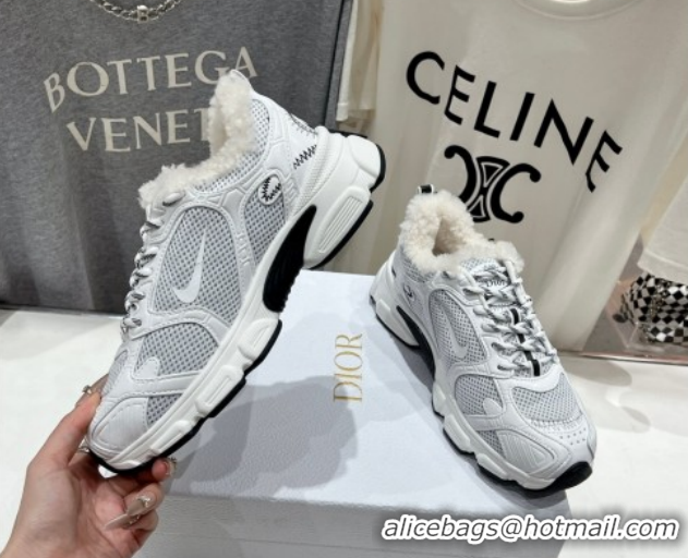 Charming Dior Chrono Sneakers in Mesh, Leather-Effect and Wool White/Grey 1029075