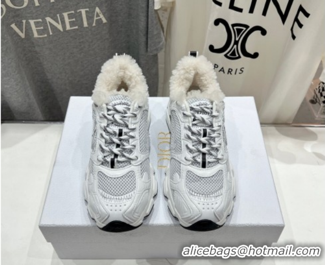 Charming Dior Chrono Sneakers in Mesh, Leather-Effect and Wool White/Grey 1029075