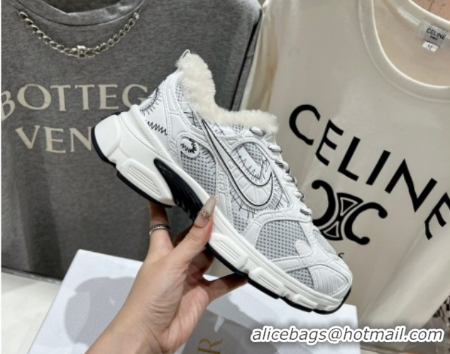 Charming Dior Chrono Sneakers in Mesh, Leather-Effect and Wool White/Grey 1029075