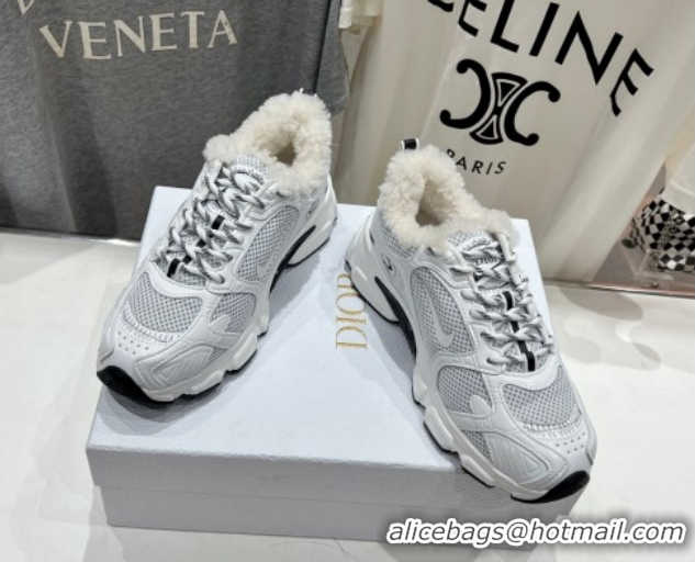 Charming Dior Chrono Sneakers in Mesh, Leather-Effect and Wool White/Grey 1029075