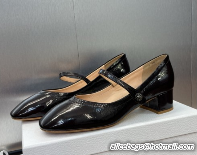 Grade Dior New Mary Janes Pumps 3.5cm in Black Crinkled Patent Calfskin Leather 1029088