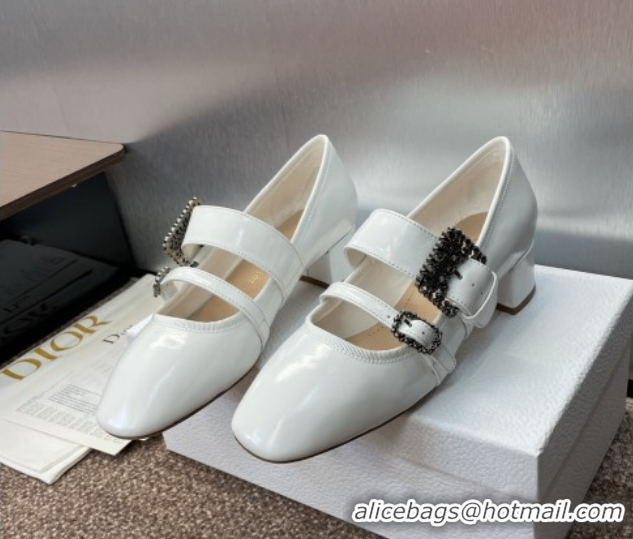 Buy Luxury Dior D-Winter Mary Janes Pumps 3.5cm in Crinkled Patent Calfskin Leather White 1029089
