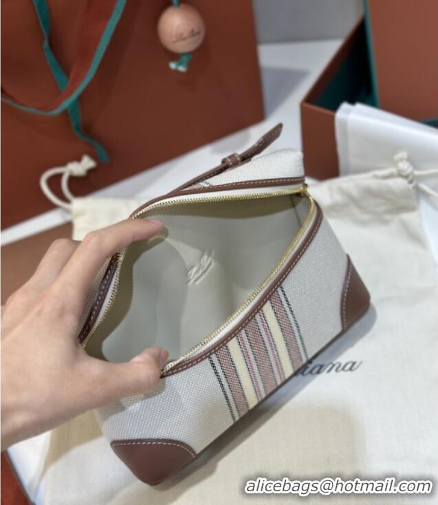 Best Price Loro Piana LP Extra Pocket Pouch L19 in Stripe Canvas and Leather 2301 Dark Brown 2025