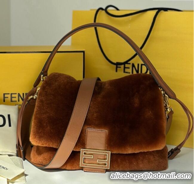Shop Cheap Fendi Mamma Baguette Medium Bag in Shearling 8693L Brown 2025 Top