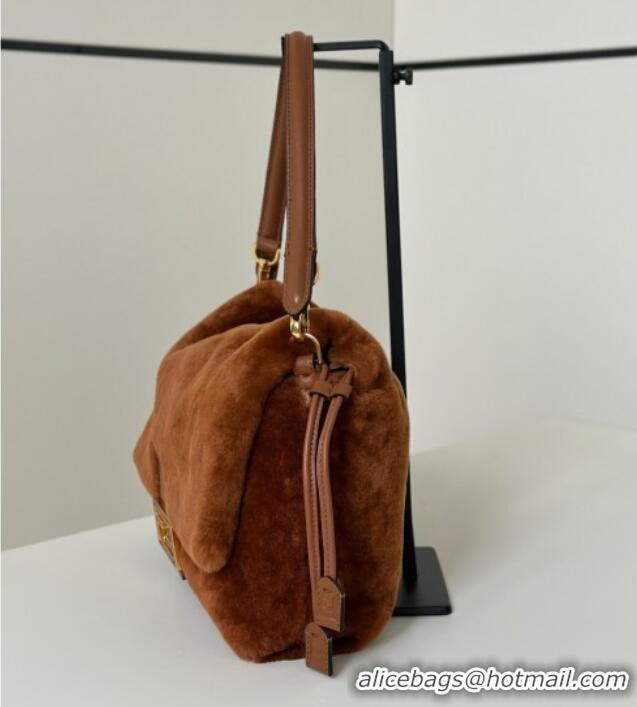Shop Cheap Fendi Mamma Baguette Medium Bag in Shearling 8693L Brown 2025 Top
