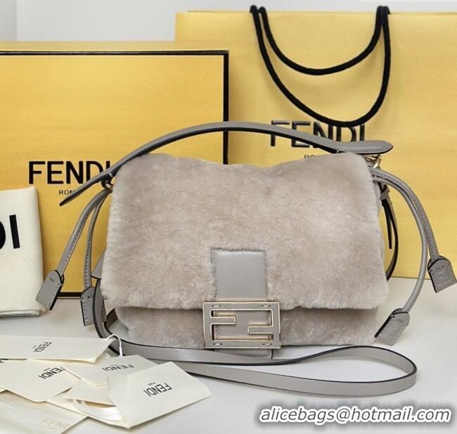 Most Popular Fendi Mamma Baguette Small Bag in Shearling 8693S Grey 2025 Top