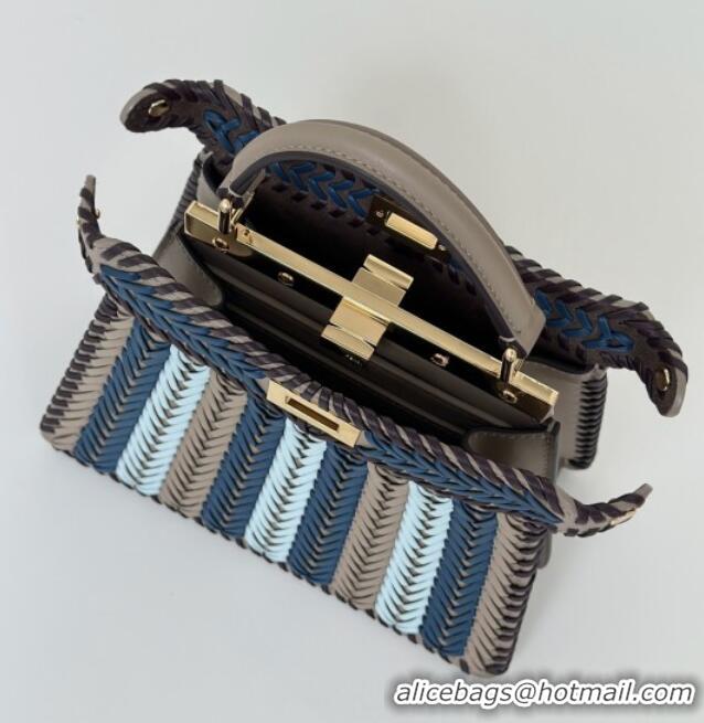 Luxury Cheap Fendi Peekaboo ISeeU Petite Bag in Interlaced Leather 80173S Khaki/Blue 2025 Top