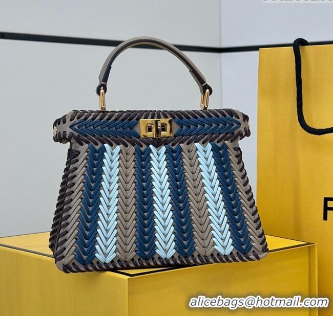 Luxury Cheap Fendi Peekaboo ISeeU Petite Bag in Interlaced Leather 80173S Khaki/Blue 2025 Top
