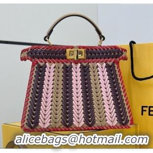 Discount Fendi Peekaboo ISeeU Small Bag in Interlaced Leather 80173M Khaki/Red 2025 Top