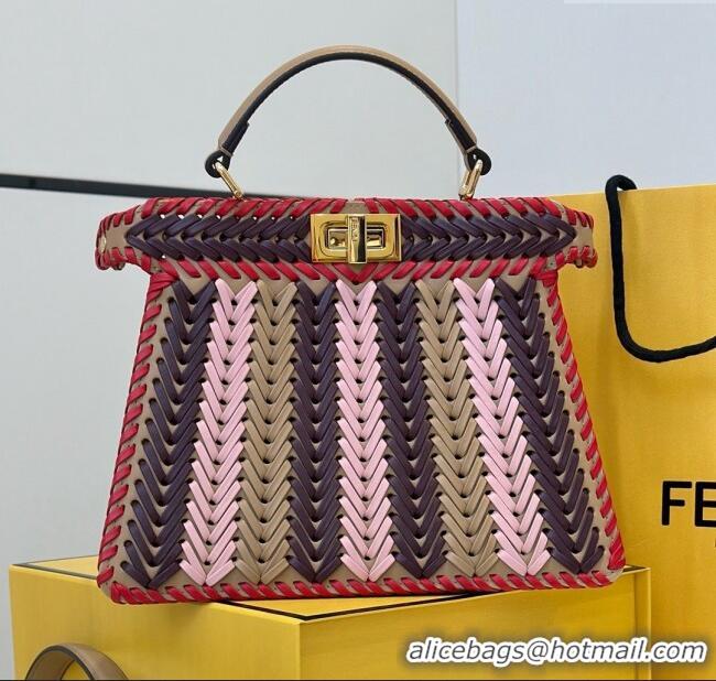 Discount Fendi Peekaboo ISeeU Small Bag in Interlaced Leather 80173M Khaki/Red 2025 Top