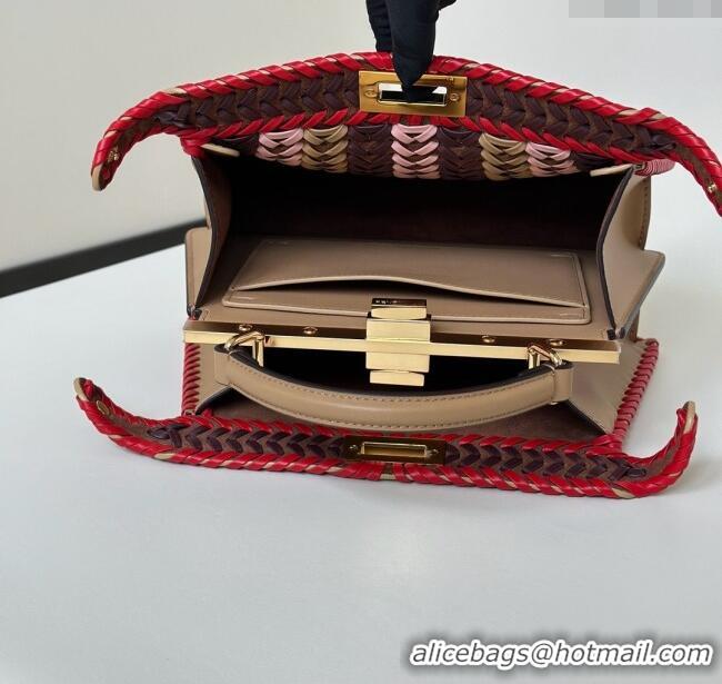 Discount Fendi Peekaboo ISeeU Small Bag in Interlaced Leather 80173M Khaki/Red 2025 Top