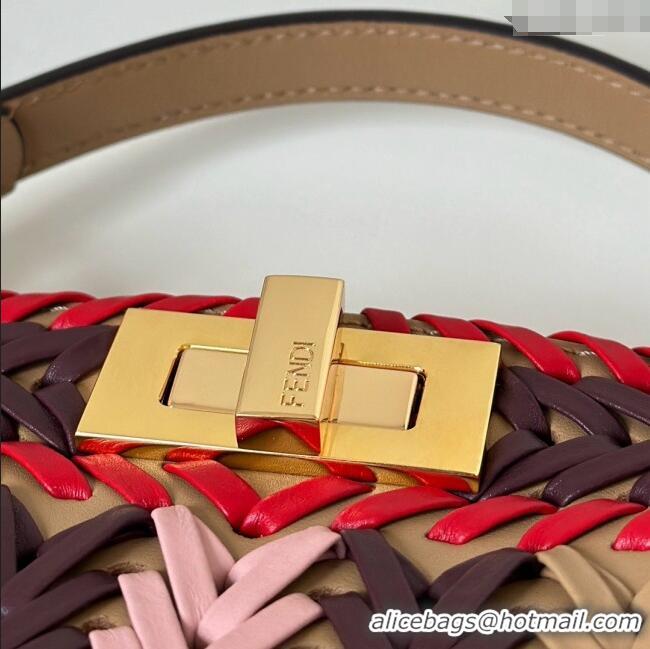 Discount Fendi Peekaboo ISeeU Small Bag in Interlaced Leather 80173M Khaki/Red 2025 Top