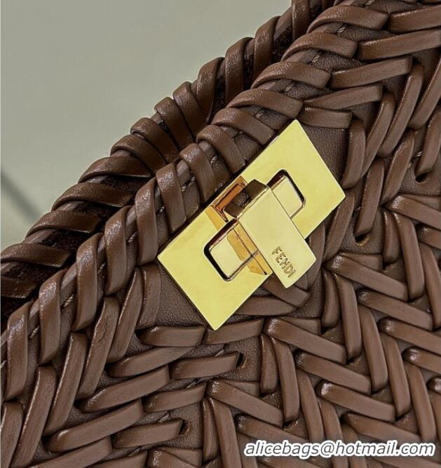 Original Cheap Fendi Peekaboo ISeeU Petite Bag in Interlaced Leather 80138S Caramel 2025 Top