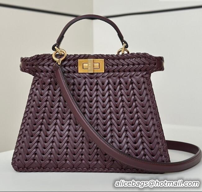 Hot Style Fendi Peekaboo ISeeU Small Bag in Interlaced Leather 80138M Burgundy 2025 Top