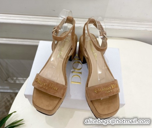 Grade Quality Dior D-Lane Platform Sandals 8.5cm in Suede with Signature Beige 1029093