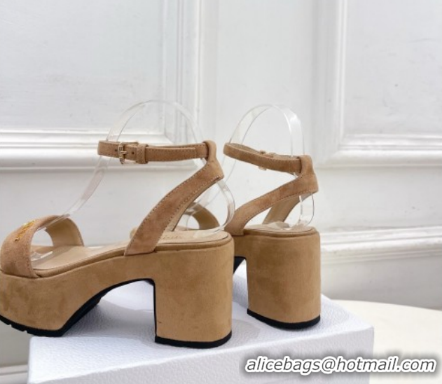 Grade Quality Dior D-Lane Platform Sandals 8.5cm in Suede with Signature Beige 1029093